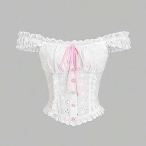 Áo ren trễ vai corset nơ hồng