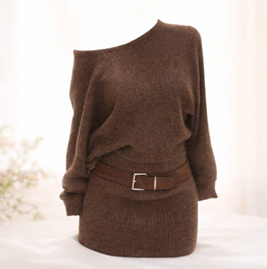 Váy Len Nâu Mocha Lệch Vai Coco